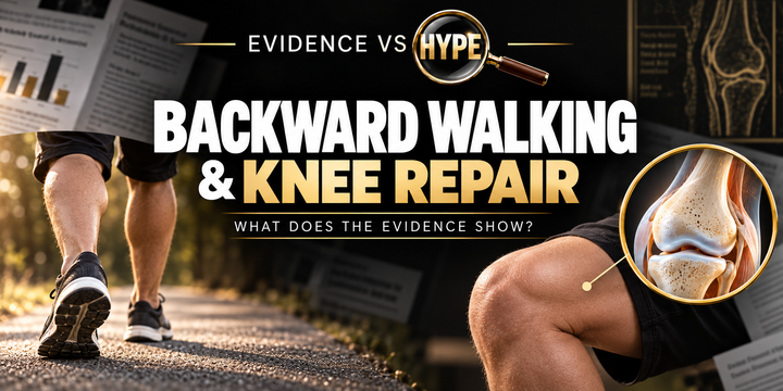 Backward walking and knee rehabilitation imagery in the black, white and gold Evidence vs Hype featured image.