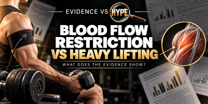 Resistance exercise with a blood flow restriction cuff in the black, white and gold Evidence vs Hype featured image.