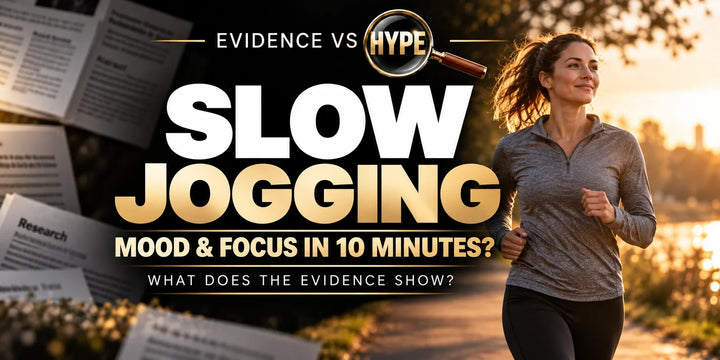 Evidence vs Hype slow-jogging artwork showing an adult gently running outdoors and asking about mood and focus in ten minutes.
