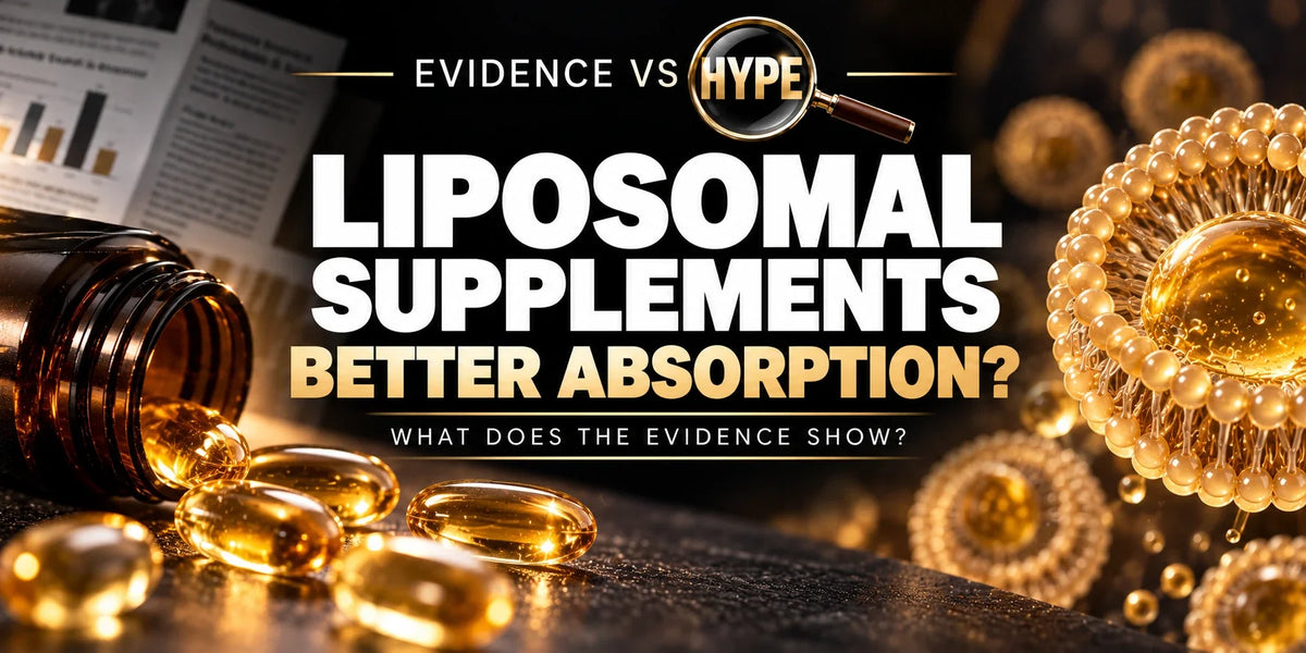Golden droplets, capsules and a conceptual liposome illustrate the distinction between absorption and clinical benefit.