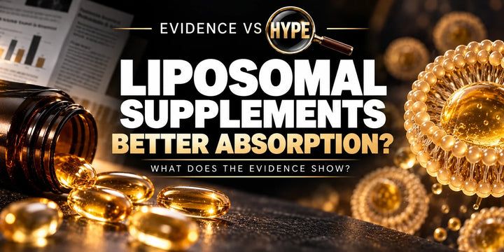 Golden droplets, capsules and a conceptual liposome illustrate the distinction between absorption and clinical benefit.