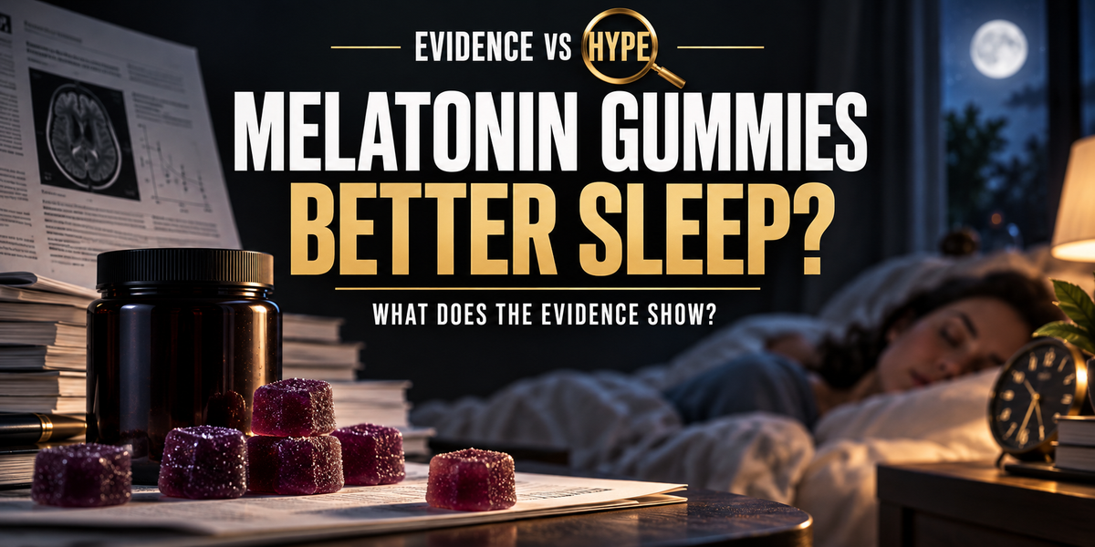 Evidence vs Hype melatonin gummies artwork with purple gummies, a bedside clock and an adult resting in bed.