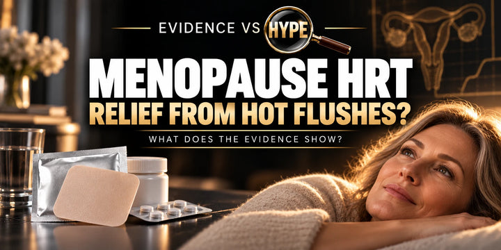 Evidence vs Hype conceptual artwork investigating menopause HRT, using subject-specific unbranded imagery.
