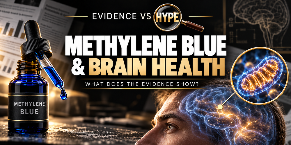 Evidence vs Hype methylene blue investigation, showing a blue dropper bottle, head profile and conceptual magnified mitochondrion.
