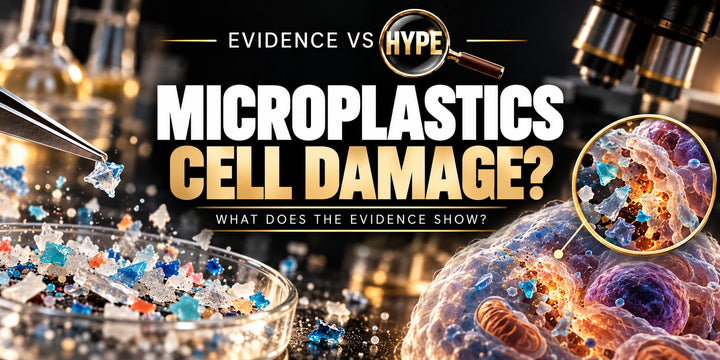 Evidence vs Hype conceptual artwork investigating microplastics cell damage, using subject-specific unbranded imagery.