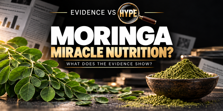 Evidence vs Hype Moringa: Miracle Nutrition? investigation cover, featuring moringa leaves and green powder against a black and gold research backdrop.