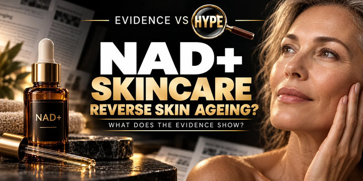 Evidence vs Hype NAD+ skincare artwork with a generic serum bottle and mature skin portrait, asking whether skin ageing can be reversed.