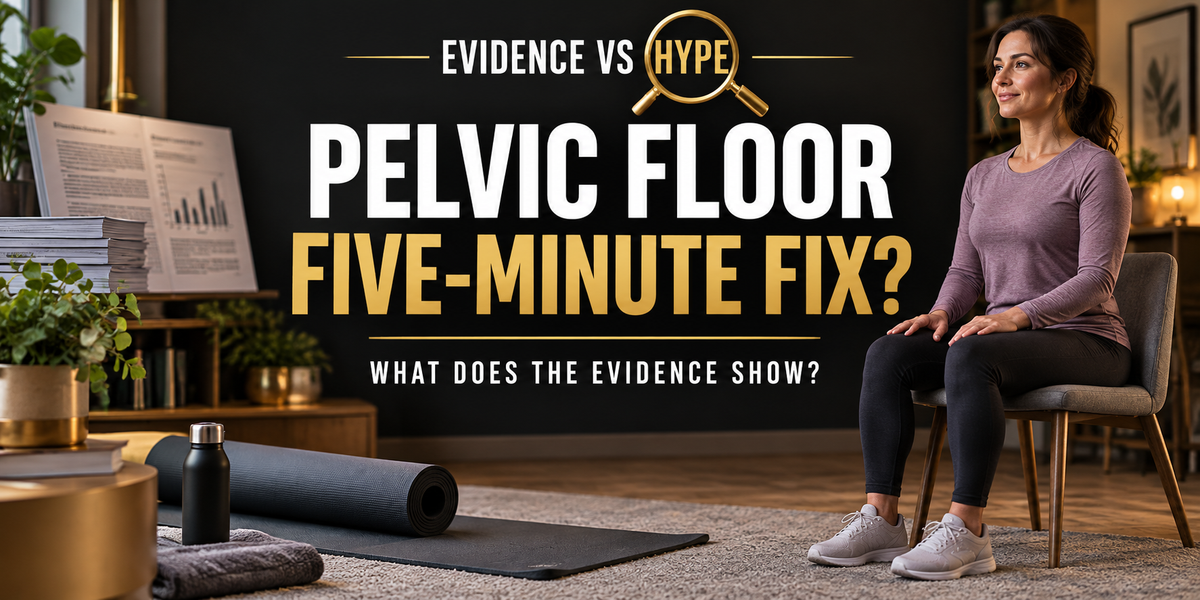 Evidence vs Hype pelvic floor investigation artwork showing a fully clothed woman seated on a chair beside an exercise mat; the scene does not demonstrate exercise technique.