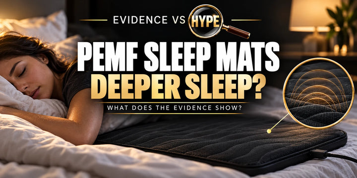 Evidence vs Hype conceptual artwork investigating PEMF sleep mat, using subject-specific unbranded imagery.