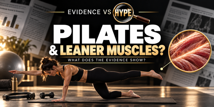 Evidence vs Hype: Does Pilates Build Longer, Leaner Muscles Than Weightlifting? Conceptual editorial illustration.