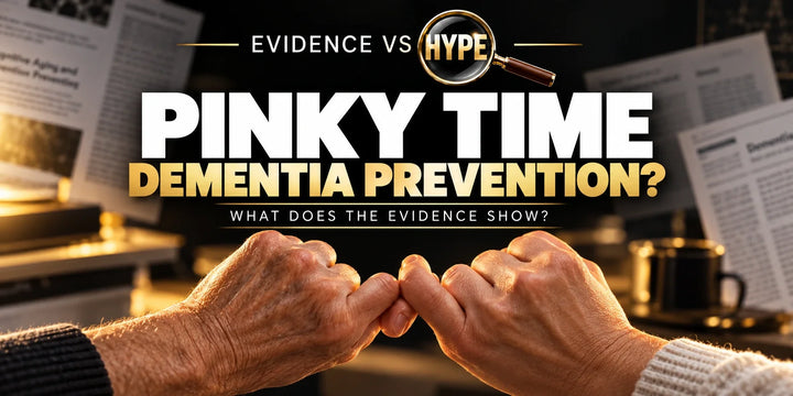 Evidence vs Hype pinky-time artwork with adult hands and a dementia-prevention question; a conceptual image, not a diagnostic demonstration.