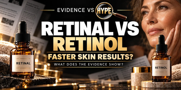 Black and gold Evidence vs Hype artwork comparing generic retinal and retinol bottles beside a natural mature skin portrait; no before-and-after result.