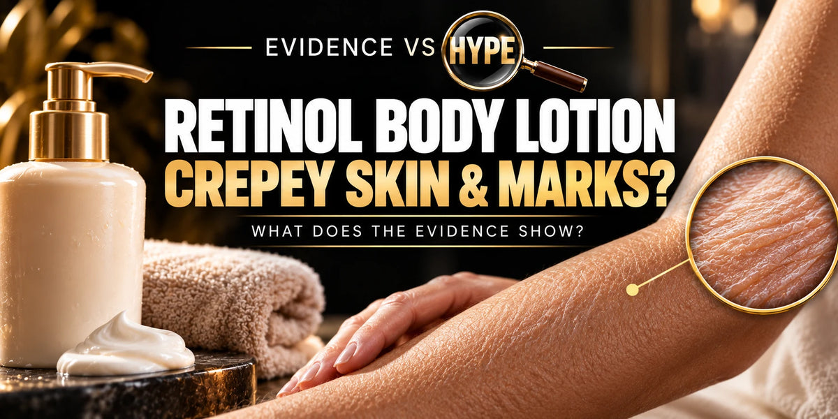 Evidence vs Hype conceptual artwork investigating retinol body lotion, using subject-specific unbranded imagery.
