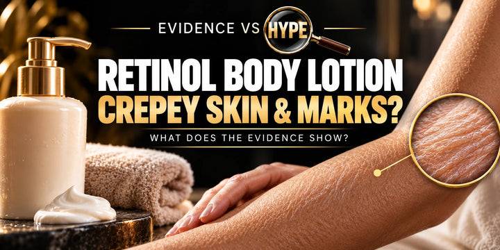 Evidence vs Hype conceptual artwork investigating retinol body lotion, using subject-specific unbranded imagery.