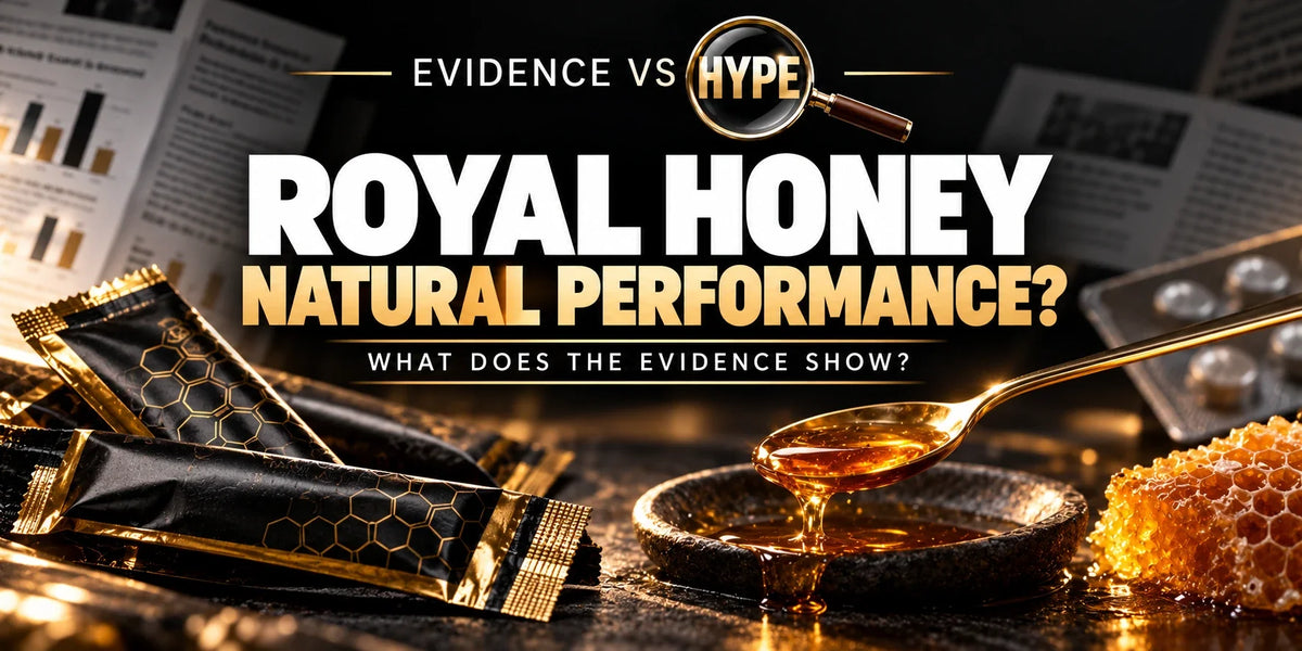 Unbranded honey sachets and a honey spoon illustrate the investigation into Royal Honey performance and safety claims.