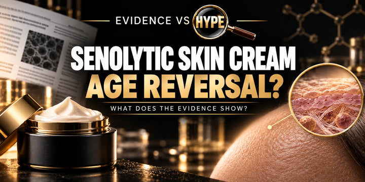 Evidence vs Hype conceptual artwork asking whether senolytic skin cream reverses skin age, with an unbranded cream jar and skin detail.