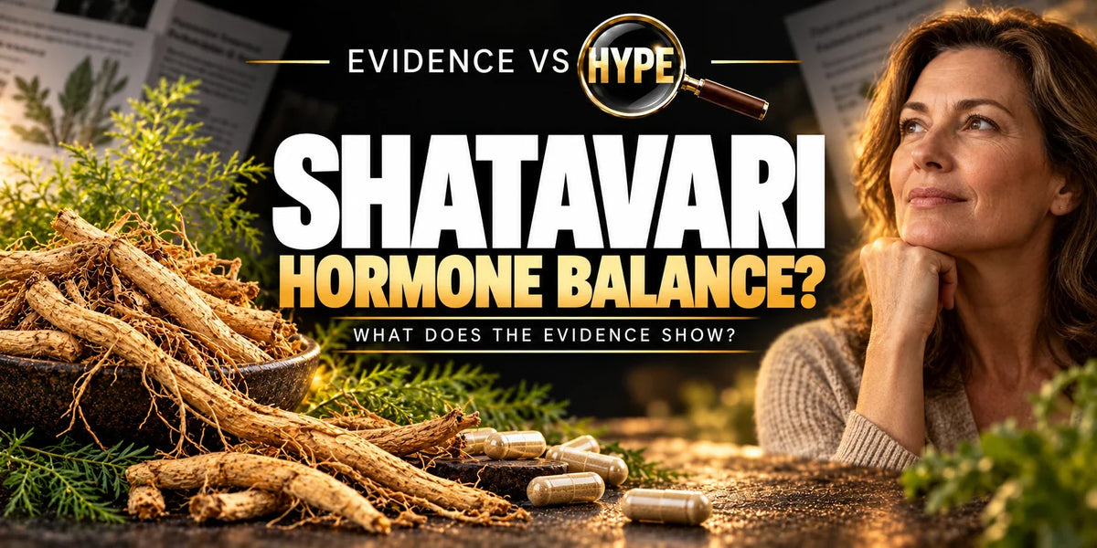Shatavari roots, foliage and generic capsules beside a middle-aged woman illustrate the menopause supplement evidence check.
