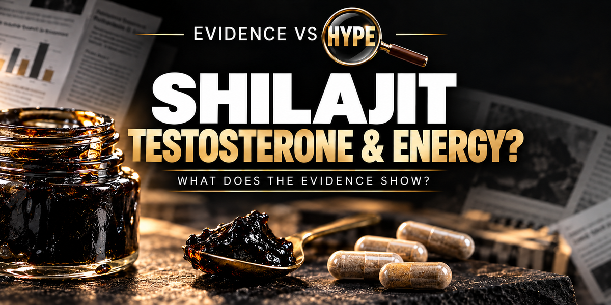 Evidence vs Hype Shilajit: Testosterone and Energy? investigation cover, featuring dark resin and capsules against a black and gold research backdrop.