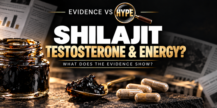 Evidence vs Hype Shilajit: Testosterone and Energy? investigation cover, featuring dark resin and capsules against a black and gold research backdrop.