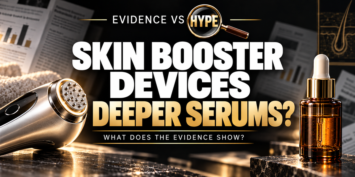 Evidence vs Hype Skin Booster Devices: Deeper Serums? investigation cover, with a handheld skincare device and amber serum bottle on a black and gold research backdrop.