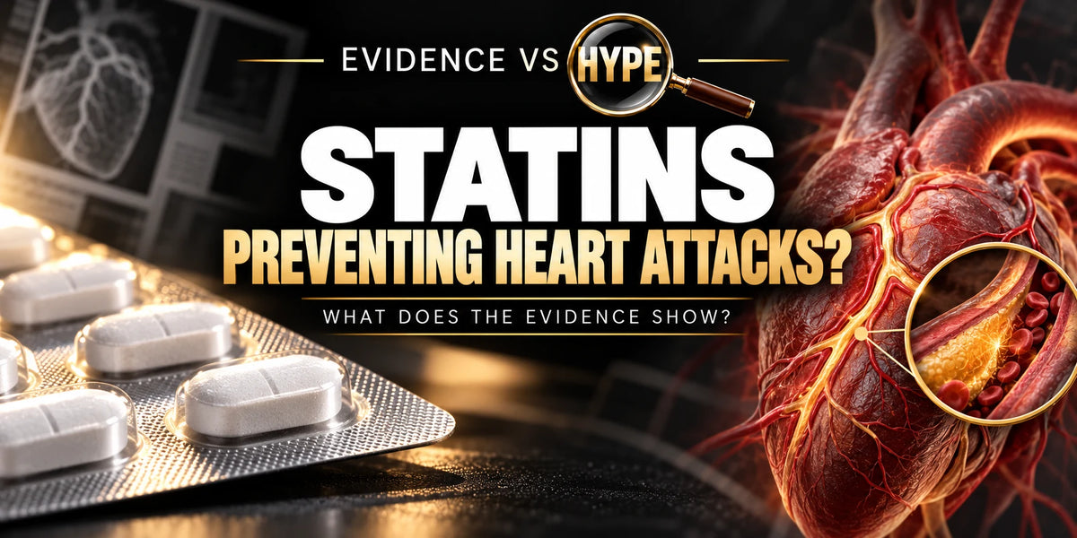 Evidence vs Hype conceptual artwork investigating statins prevent heart attacks, using subject-specific unbranded imagery.