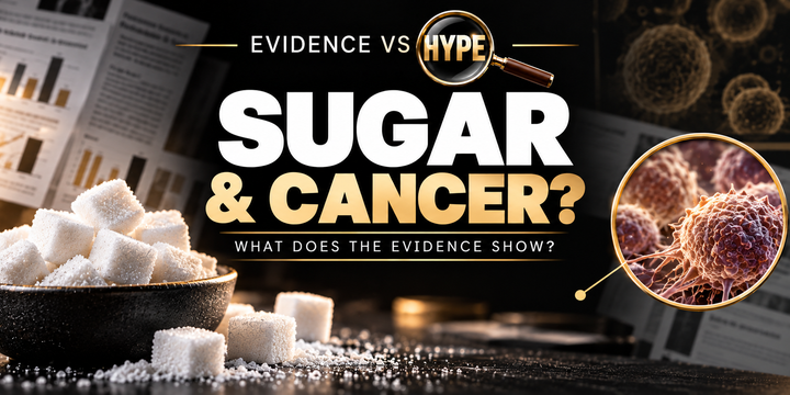 Evidence vs Hype: Does Sugar Really Feed Cancer — and Can You Starve It? Conceptual editorial illustration.