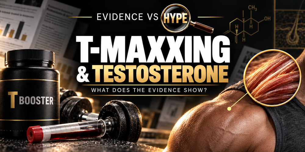 Evidence vs Hype T-maxxing investigation, with a generic booster bottle, dumbbell, blood sample, shoulder and conceptual muscle-fibre inset.