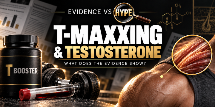 Evidence vs Hype T-maxxing investigation, with a generic booster bottle, dumbbell, blood sample, shoulder and conceptual muscle-fibre inset.