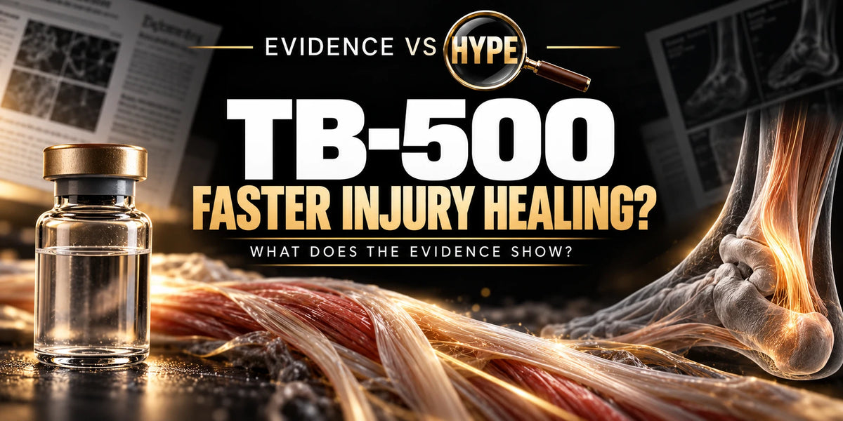 Evidence vs Hype conceptual artwork investigating TB-500, using subject-specific unbranded imagery.