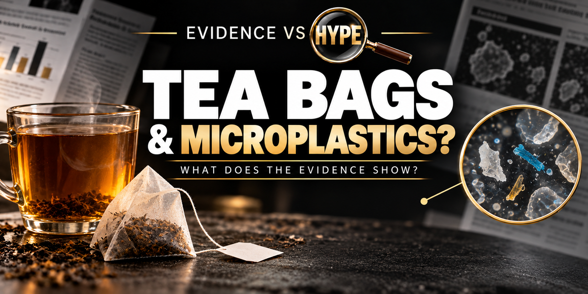 Evidence vs Hype: Are Plastic Tea Bags Releasing Dangerous Microplastics Into Your Body? Conceptual editorial illustration.