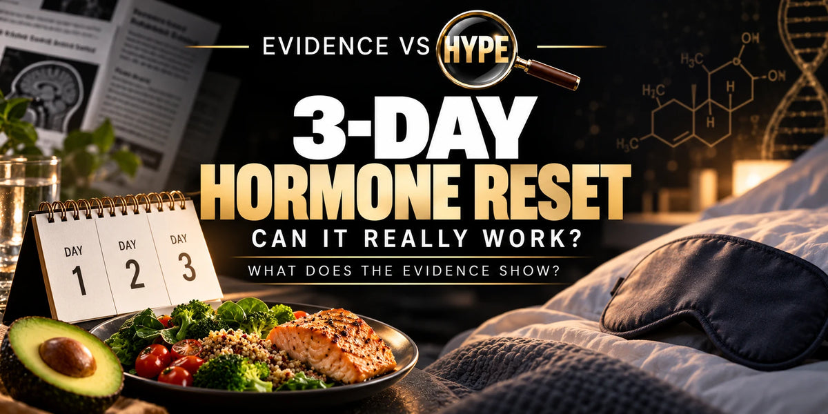 Evidence vs Hype conceptual artwork investigating three day hormone reset, using subject-specific unbranded imagery.