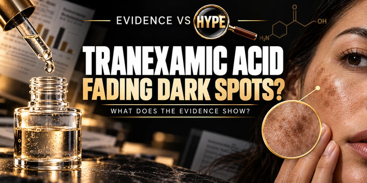 Evidence vs Hype conceptual artwork investigating tranexamic acid serum, using subject-specific unbranded imagery.