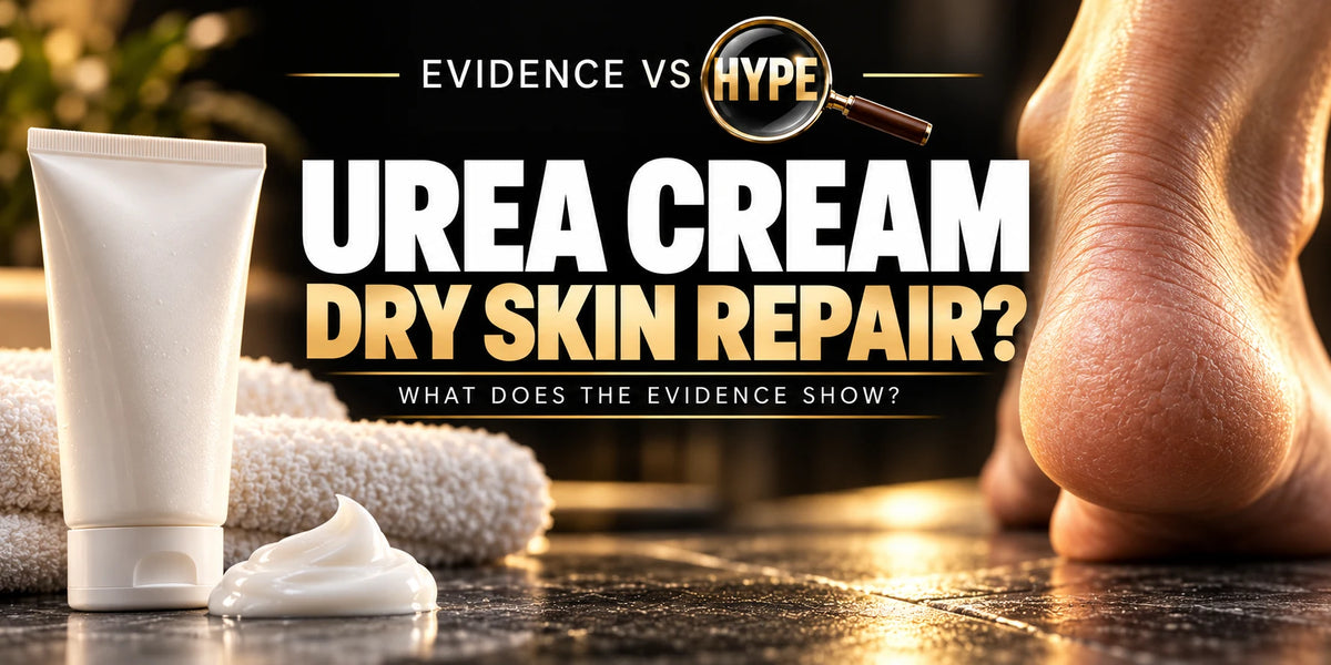 Evidence vs Hype conceptual artwork investigating urea cream, using subject-specific unbranded imagery.