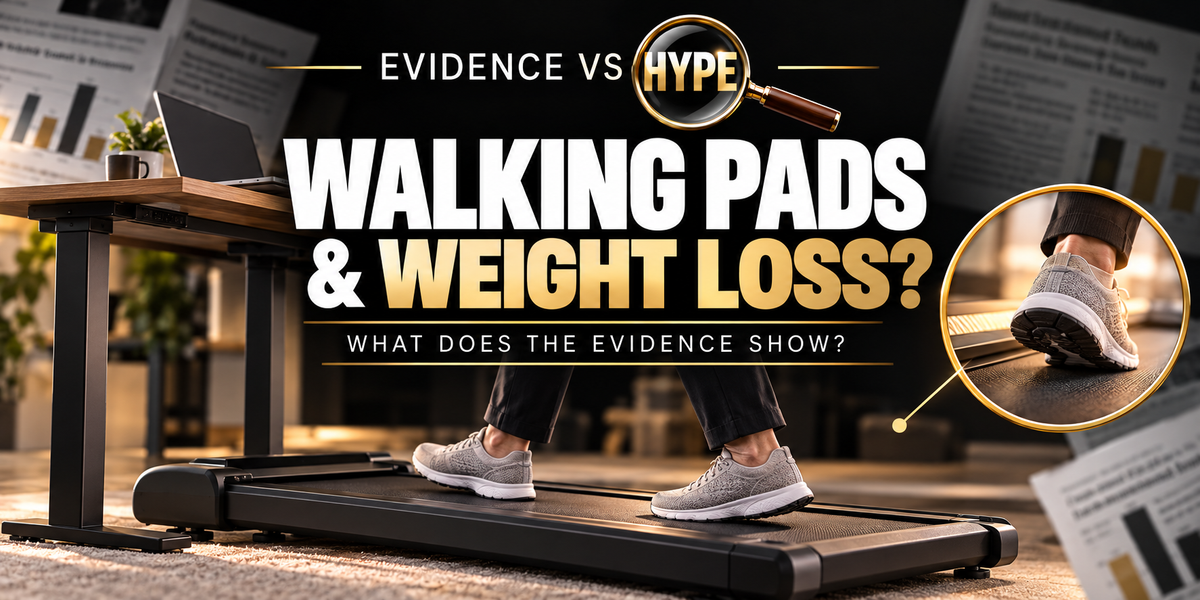 Evidence vs Hype: walking pads and weight loss, showing a walking treadmill beneath a working desk.