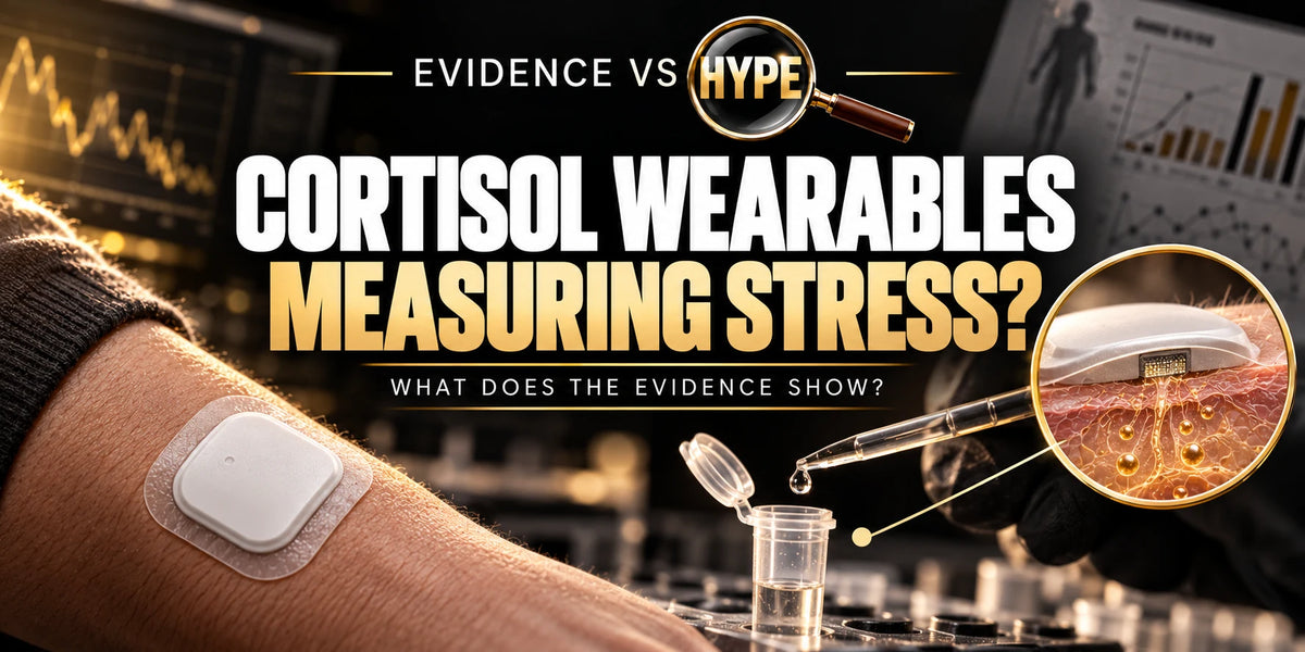 Evidence vs Hype conceptual artwork investigating wearable cortisol sensor, using subject-specific unbranded imagery.