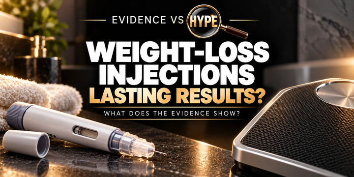 Evidence vs Hype conceptual artwork investigating weight loss injections, using subject-specific unbranded imagery.