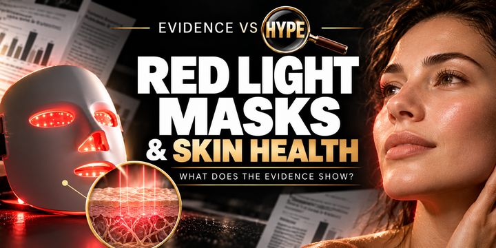 Evidence vs Hype red-light mask artwork showing an LED face mask and a conceptual skin inset, illustrating wrinkle and acne claims.