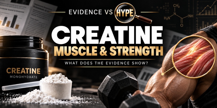 Evidence vs Hype investigation: Creatine, muscle and strength, with creatine powder, a dumbbell and a shoulder illustration in black, white and gold.