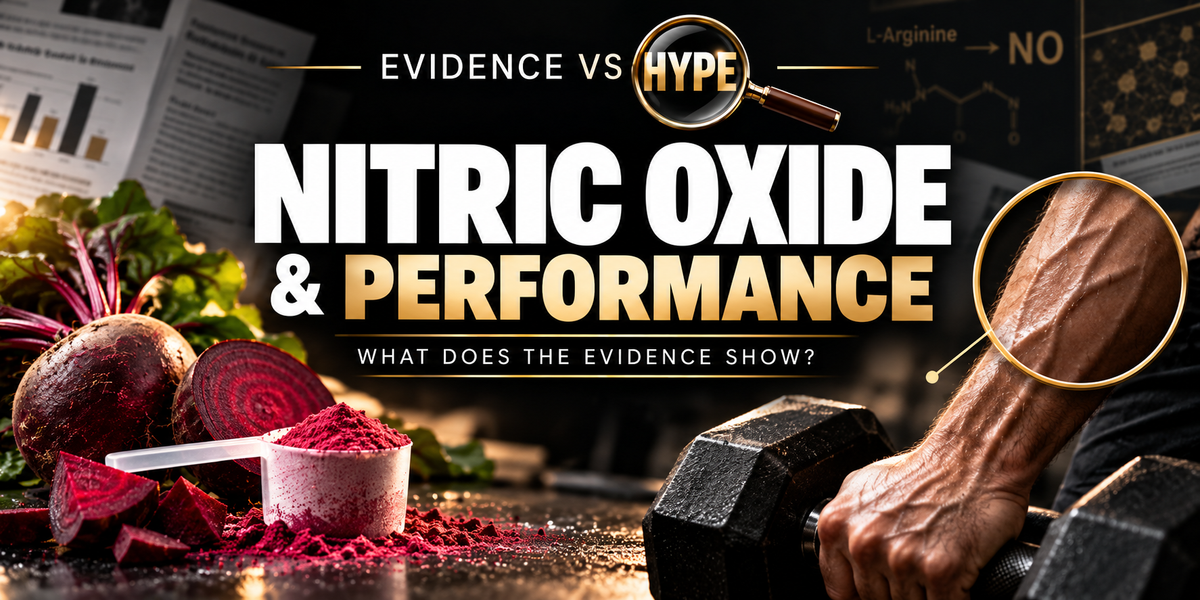 Black, white and gold Evidence vs Hype artwork of a supplement scoop, beetroot, dumbbell and athletic forearm; blood-flow and performance claims are being investigated.