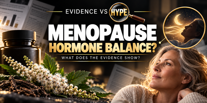 Evidence vs Hype menopause artwork with an unbranded supplement bottle, botanical imagery and a middle-aged woman; a conceptual sleep inset illustrates claims being assessed.