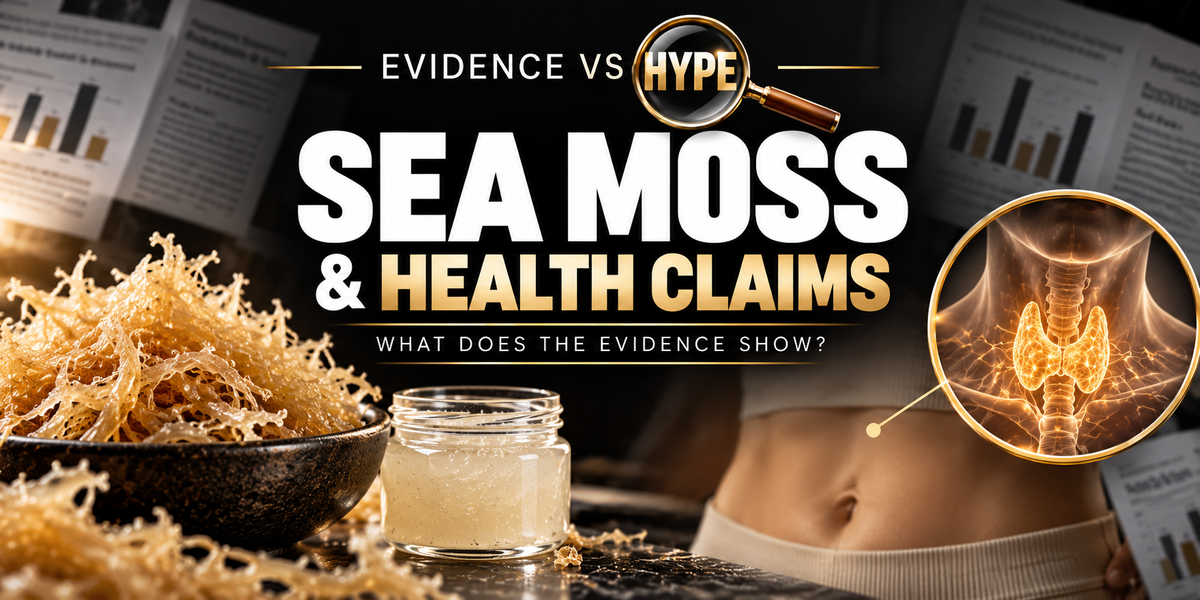 Evidence vs Hype sea moss artwork with seaweed and gel beside conceptual gut and thyroid imagery, illustrating claims under investigation.