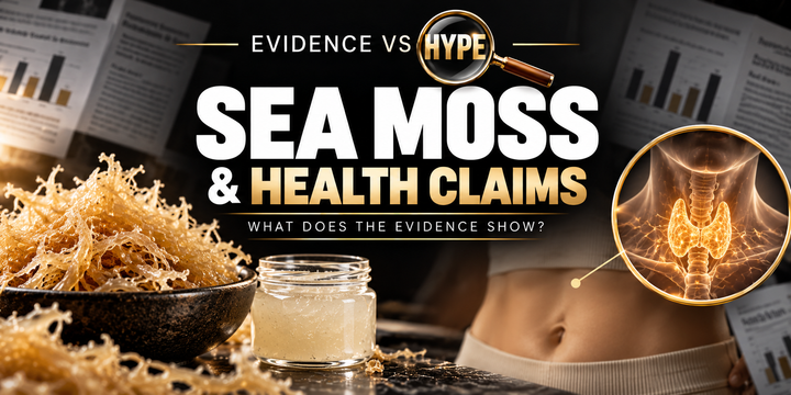 Evidence vs Hype sea moss artwork with seaweed and gel beside conceptual gut and thyroid imagery, illustrating claims under investigation.