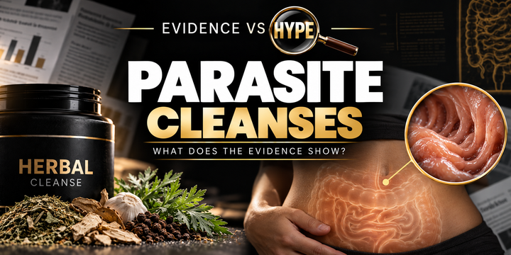 Evidence vs Hype parasite-cleanses investigation, with herbal supplement, abdomen and conceptual magnified intestinal folds.