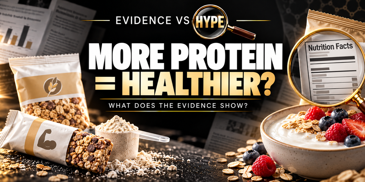 Evidence vs Hype black, white and gold investigation image asking More Protein = Healthier?, with protein-labelled cereal, a bar and yoghurt with oats and berries.