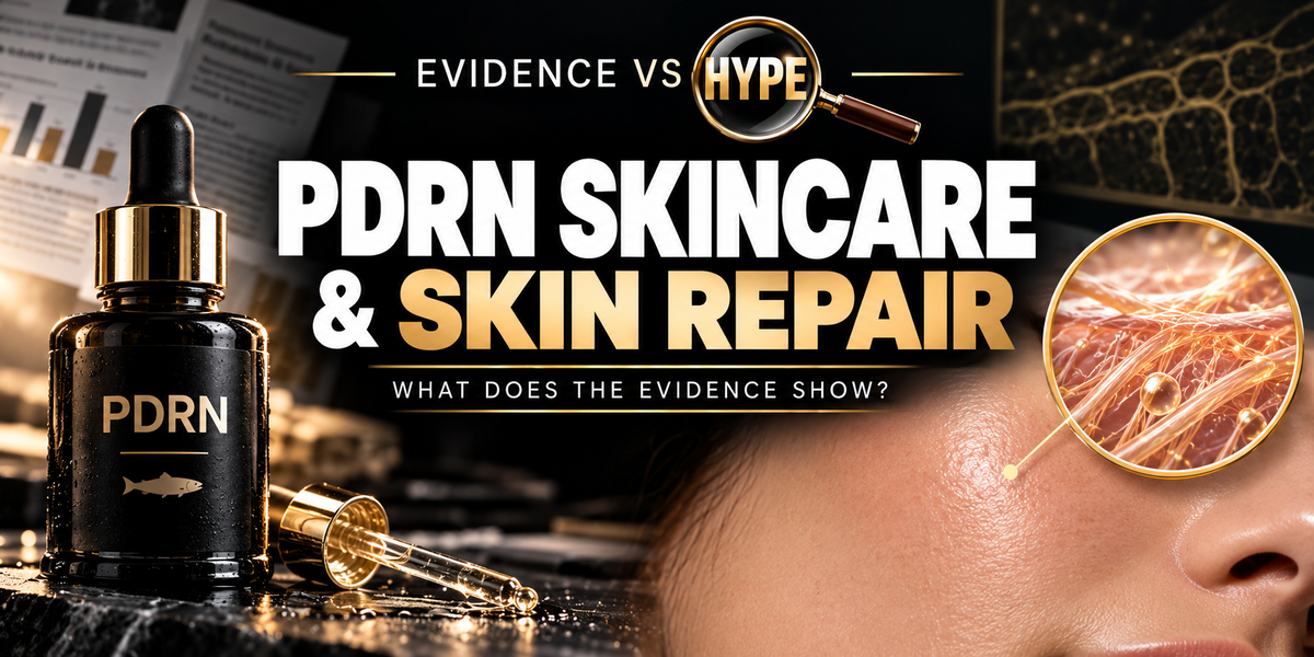 Evidence vs Hype PDRN skincare investigation, with serum bottle, cheek and conceptual magnified skin fibres.