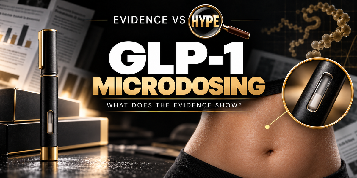 Evidence vs Hype GLP-1 microdosing investigation, with neutral capped injection pen, abdomen and magnified pen window.