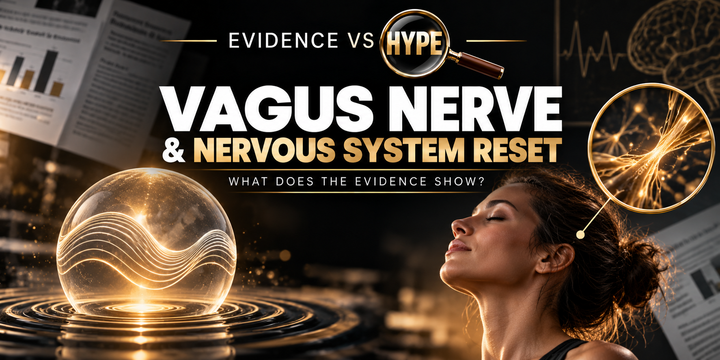 Evidence vs Hype vagus nerve investigation, showing a calm human profile, breathing motif and conceptual nerve fibres.