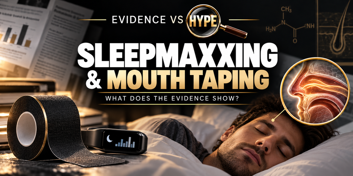 Evidence vs Hype sleepmaxxing and mouth-taping investigation, showing a sleeping person, tape roll, tracker and conceptual airway inset.