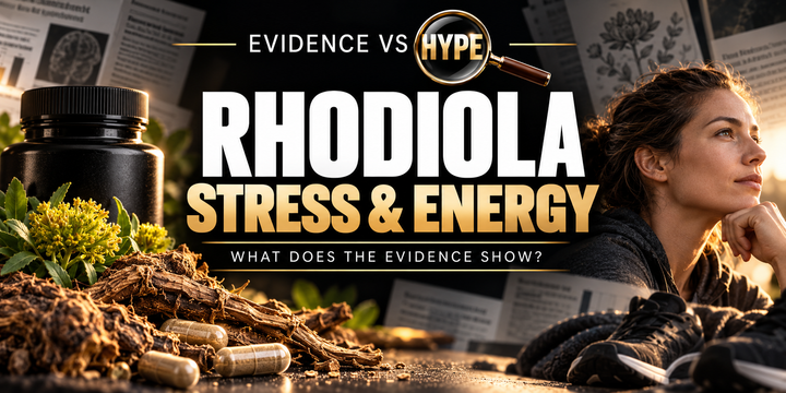 Black, white and gold Evidence vs Hype artwork of rhodiola roots, an unbranded supplement bottle and an adult profile with exercise cues; no energy benefit is promised.