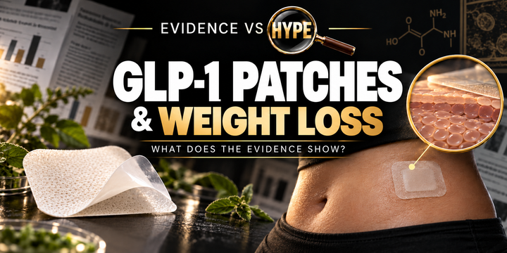 Black, white and gold scientific investigation of a plain adhesive patch and skin, with research papers; conceptual illustration, not proof of absorption or weight loss.